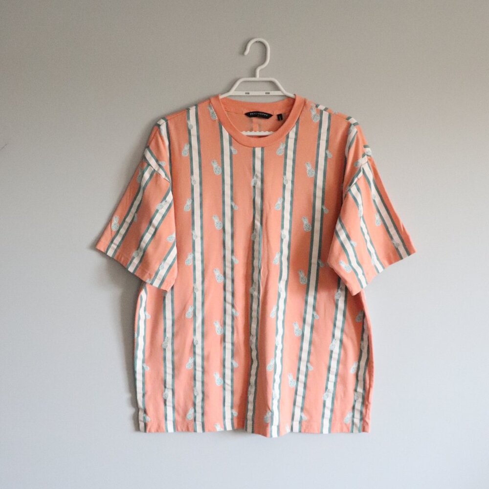Penshoppe‎ Men's Orange Sz L Striped Loose Fit Pineapple Crew Pullover T-Shirt